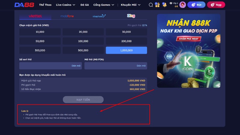 Những lưu ý quan trọng khi người chơi thực hiện nạp tiền DA88