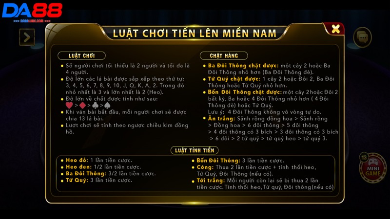 Hướng dẫn luật chơi Tiến Lên Miền Nam tại DA88 chi tiết